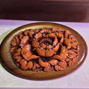 Antique Deep Carved Celluloid⚘️Rose Coral Colored Brooch